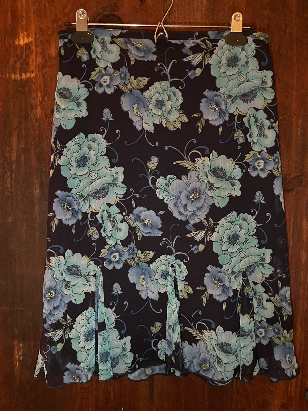 dressbarn Navy A-Line Skirt with Aqua and Light Blue Floral Print